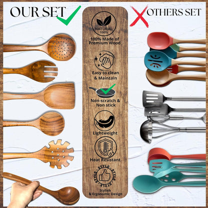 Wooden Spoons for Cooking - 8 Piece Natural Teak Kitchen Utensil Set Non Toxic - Teak Wooden