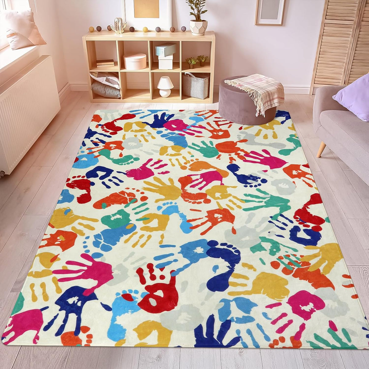 STARUIA Large Kids Rug for Playroom, 8'x10' Handprints and Footprints Colorful Rug for Classroom