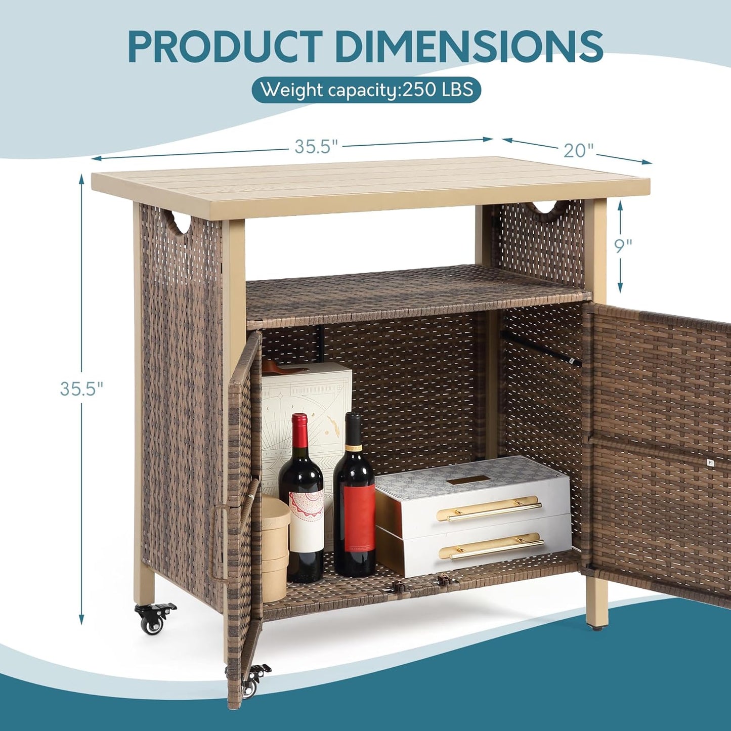 Outdoor Indoor Storage Cabinet with Rolling Wheels, Patio Serving Cart with Bar Table and Wicker