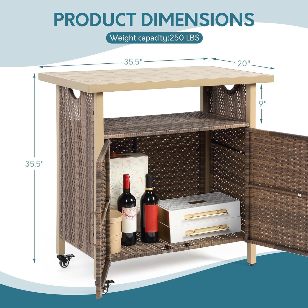 Outdoor Indoor Storage Cabinet with Rolling Wheels, Patio Serving Cart with Bar Table and Wicker