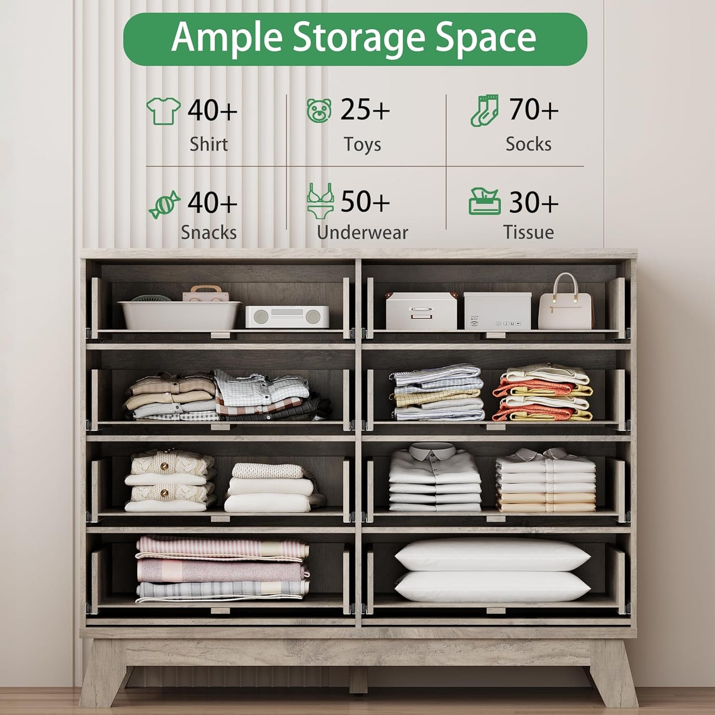 Fluted Dresser for Bedroom with 8 Drawers, 48" Wide Modern Chest of Drawers with Metal Handle