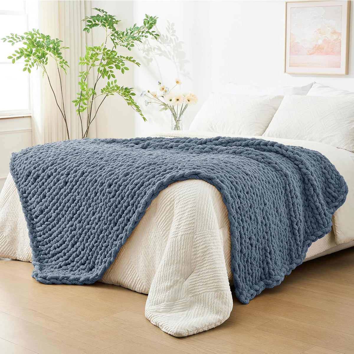 Bigacogo Chunky Knit Throw Blanket for Couch, 40x80 inches, 100% Hand Knitted with Thick Jumbo