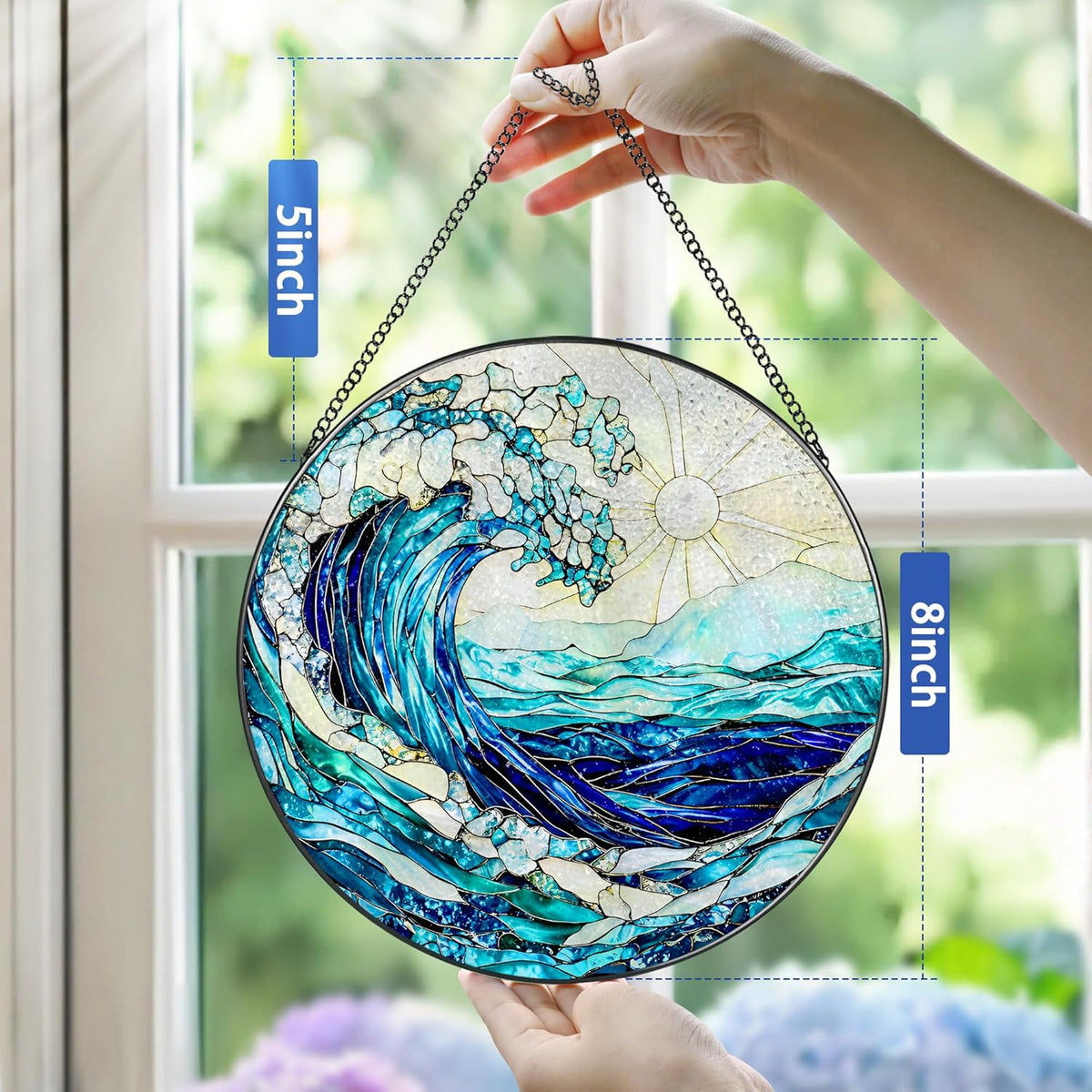 Stained Glass Window Hanging, 8 Inch Ocean Waves Stained Glass Suncatcher, Window Hanging Decor