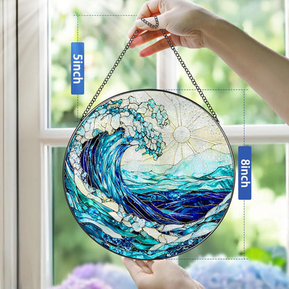 Stained Glass Window Hanging, 8 Inch Ocean Waves Stained Glass Suncatcher, Window Hanging Decor