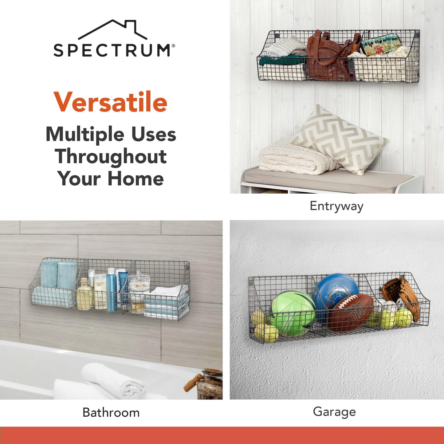 Spectrum Diversified 89076 Wall Mount Triple Storage Basket, Industrial Gray