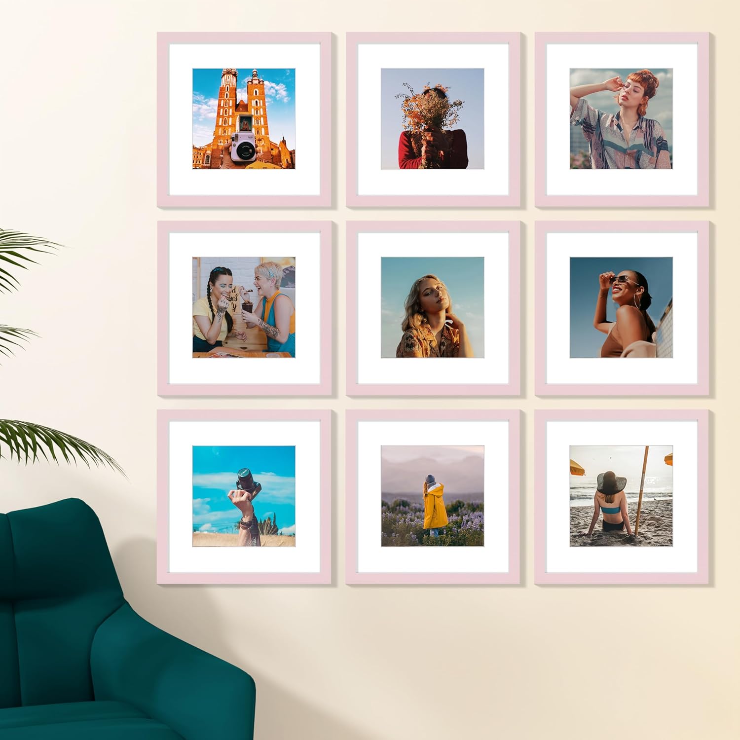 Vittanly 12x12 Picture Frame Set of 9 - Display 8x8 Photos with Mat or 12x12 Without Mat, Wall