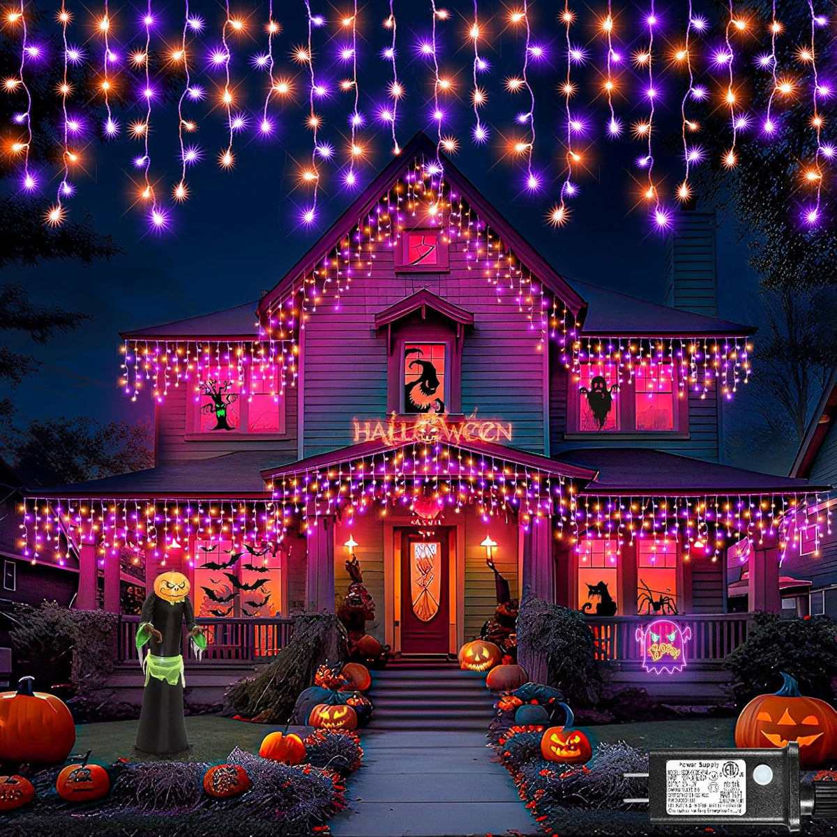 Orange and Purple Halloween Lights Outdoor, 33FT 400 LED Icicle Lights for Outside with Waterproof