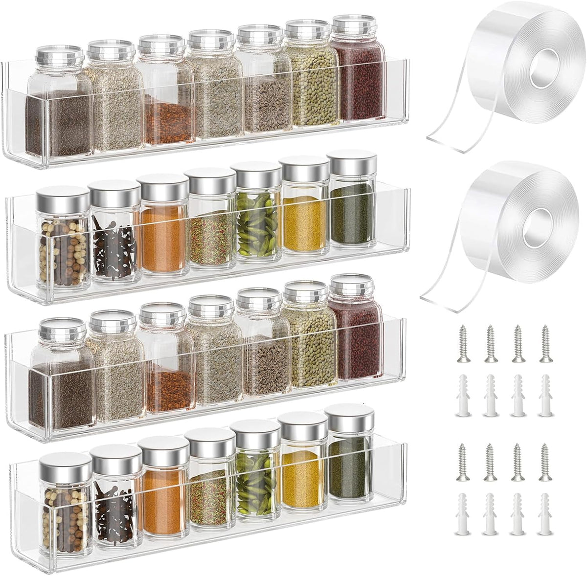 PMMASTO Adhesive Acrylic Spice Rack Organizer for Wall with 2 Nano Double Sided Tape, Spice Shelf