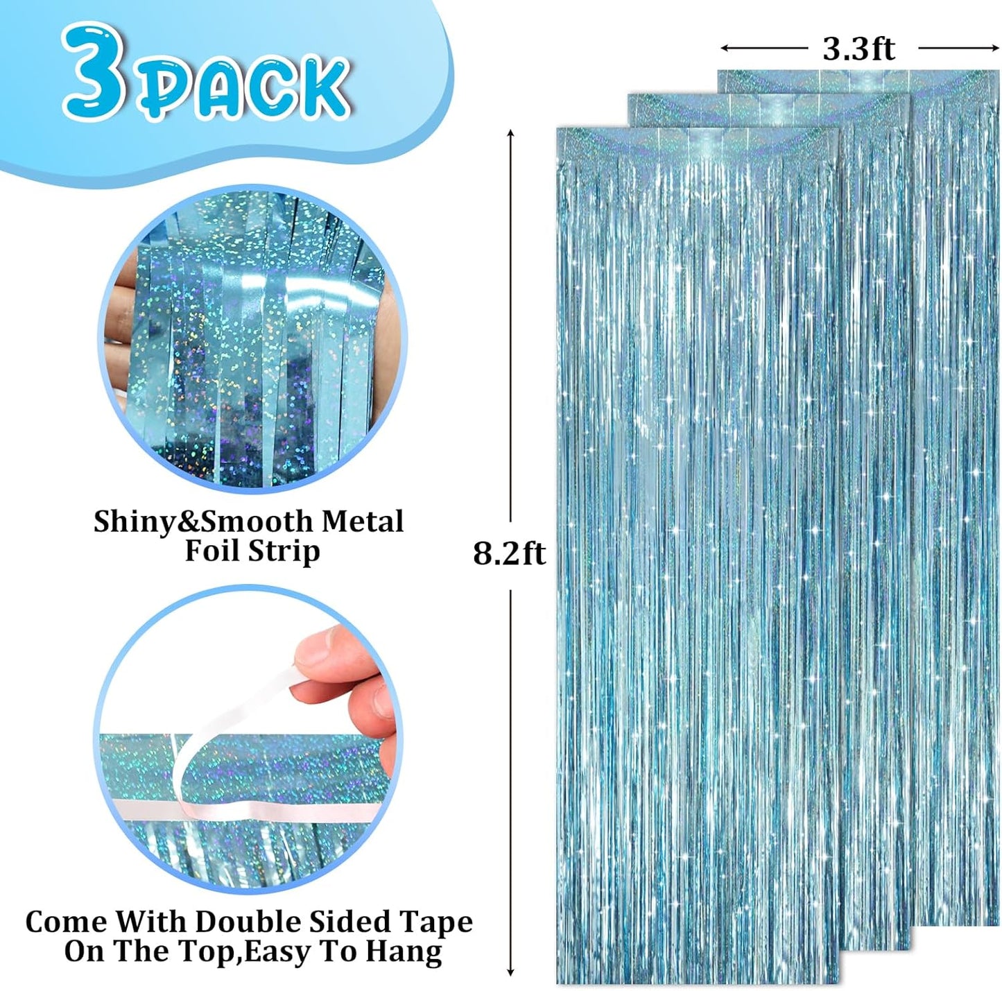 3 Pack 3.3 x 8.2 ft Laser Blue Foil Fringe Backdrop Curtains, Tinsel Streamers Party Decorations