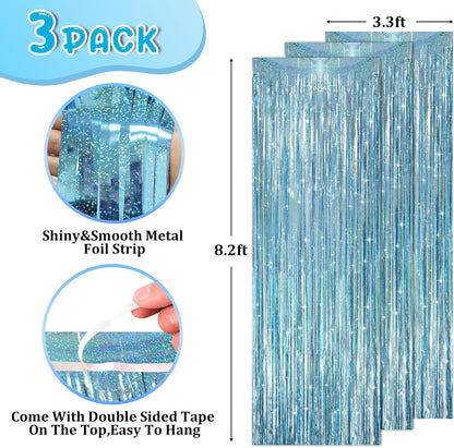 3 Pack 3.3 x 8.2 ft Laser Blue Foil Fringe Backdrop Curtains, Tinsel Streamers Party Decorations