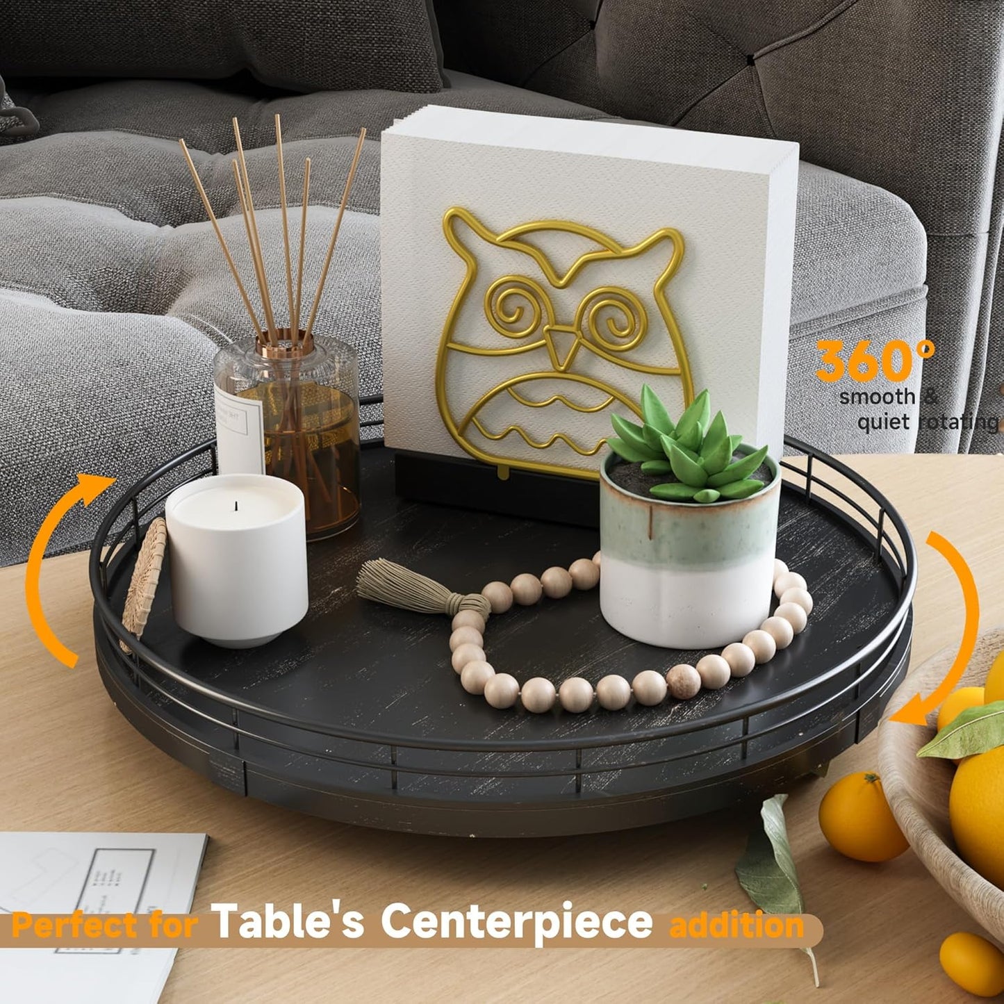12" Oak Bathroom Vanity Tray Turntable for Perfume Candle, Round Wooden Decorative Tray for Kitchen