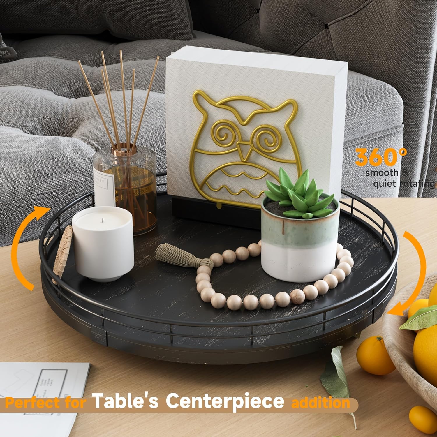 12" Oak Bathroom Vanity Tray Turntable for Perfume Candle, Round Wooden Decorative Tray for Kitchen