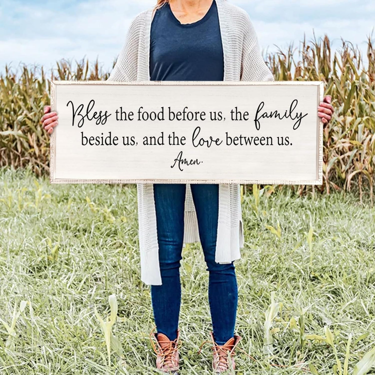 Bless the Food Before Us Sign Wall Decor 40"X15" Large Farmhouse Dining Room Wall Decor Framed Wood