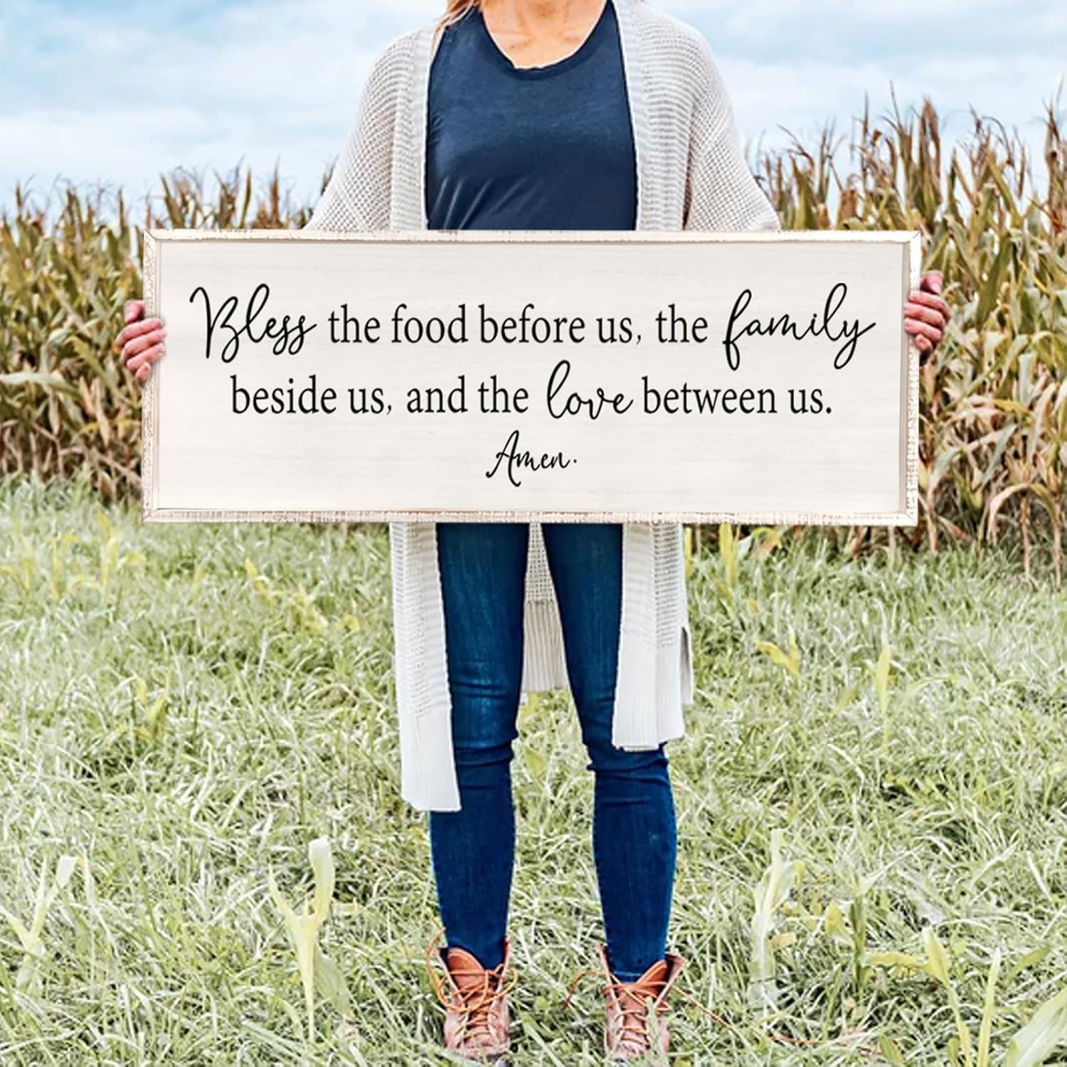 Bless the Food Before Us Sign Wall Decor 40"X15" Large Farmhouse Dining Room Wall Decor Framed Wood