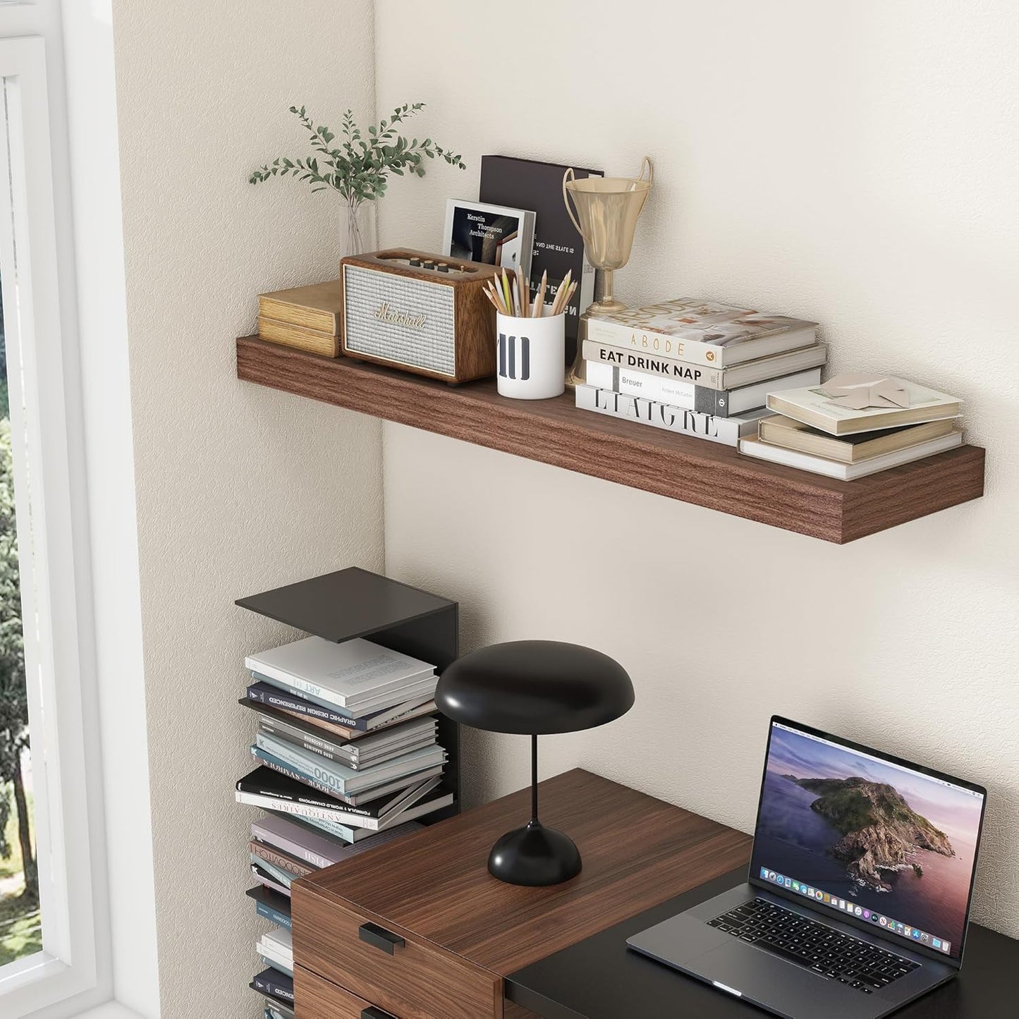 12 Inch Deep Floating Shelves, 48W x 12D Rustic Large Floating Shelves, Deep Walnut Wood Wall