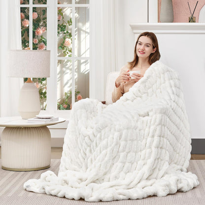 Touchat Ruched Faux Rabbit Fur Blanket, 700 GSM Luxury Dual-Sided Soft Cozy Blanket, Fuzzy Fluffy