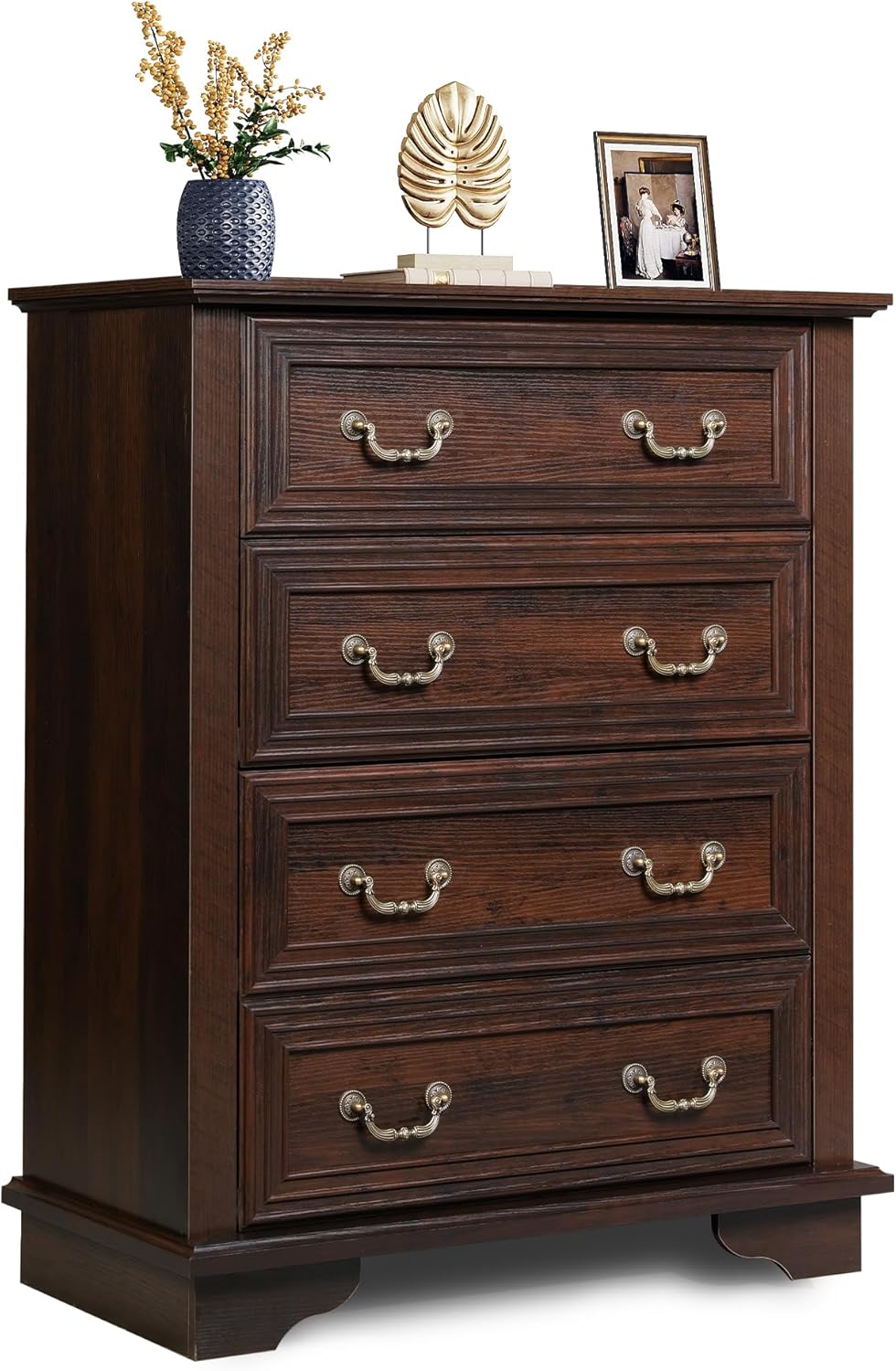 WLIVE Farmhouse Dresser for Bedroom, Tall Wood Dresser with 4 Drawers, Chest of Drawers with Roman