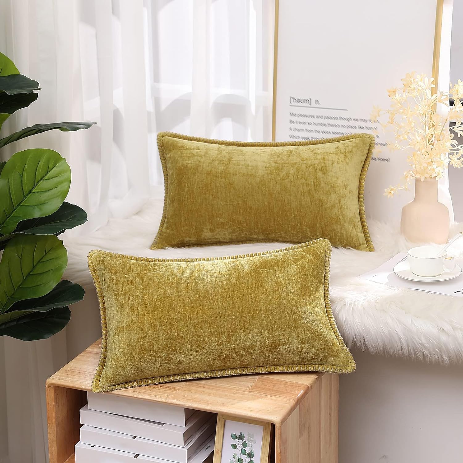 decorUhome Chenille Soft Throw Pillow Covers 12x20 Set of 2, Lumbar Velvet Farmhouse Neutral