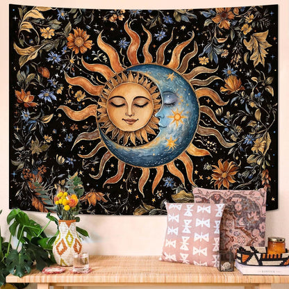 Aipon Sun and Moon Tapestry for Bedroom Boho Vintage Floral Hippie Wall Tapestry Aesthetic Retro