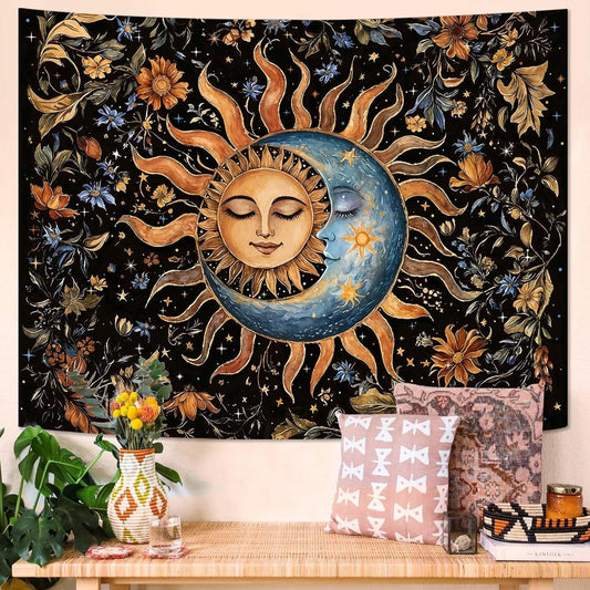 Aipon Sun and Moon Tapestry for Bedroom Boho Vintage Floral Hippie Wall Tapestry Aesthetic Retro