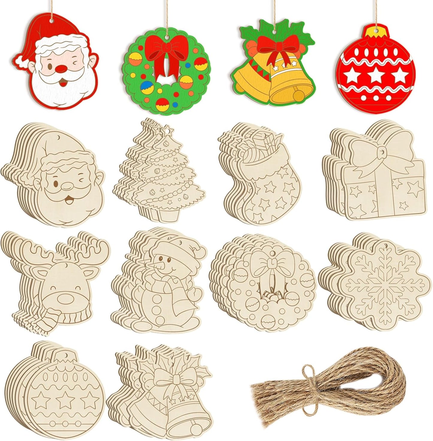 80PCS Wooden Christmas Ornaments to Paint,10 Styles DIY Blank Unfinished Reindeer Santa Claus