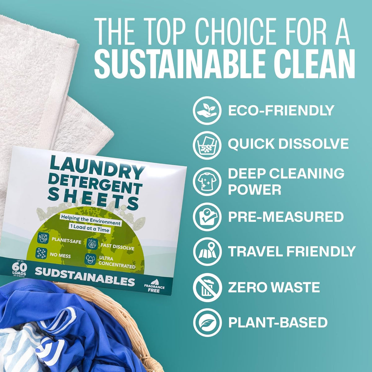 Sudstainables Laundry Detergent Sheets (60 Loads) – Eco-Friendly, Zero Waste, Plastic-Free Laundry