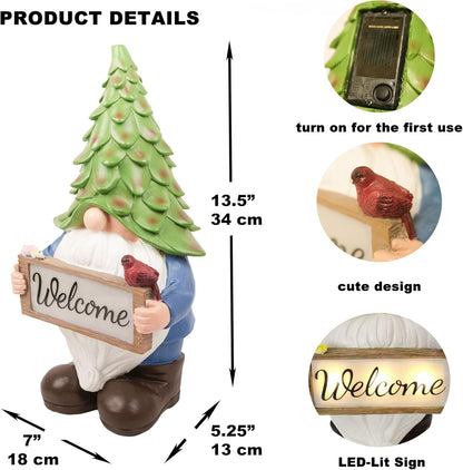 Large Garden Gnome Statue with Solar Lights, 13.5” Welcome Sign Gnome Outdoor Decor for Yard Lawn