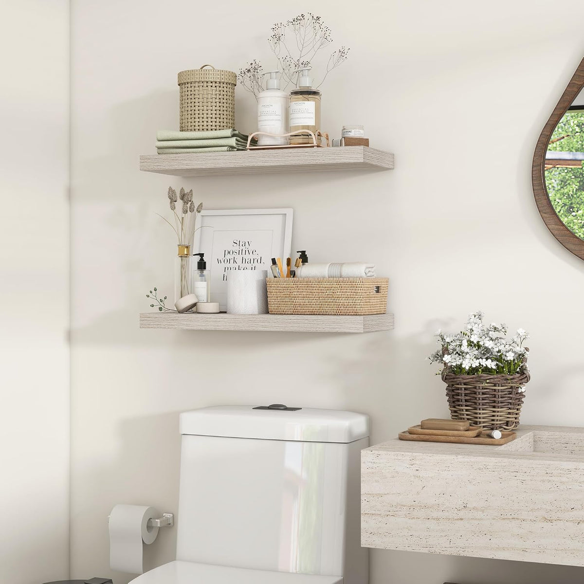 Heimlove 24 inch Floating Shelves for Wall,9.3 inch deep Grey Bathroom Over Toilet Shelf,Wall