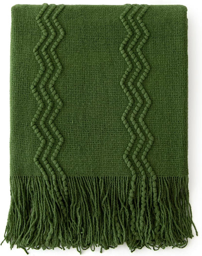 MIULEE Olive Green Knitted Throw Blanket for Couch Boho Textured Cozy Woven Blanket with Tassels