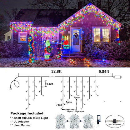 Icicle Lights for Outside, 33FT 400 LED Icicle Christmas Lights Outdoor Indoor with 8 Modes 75