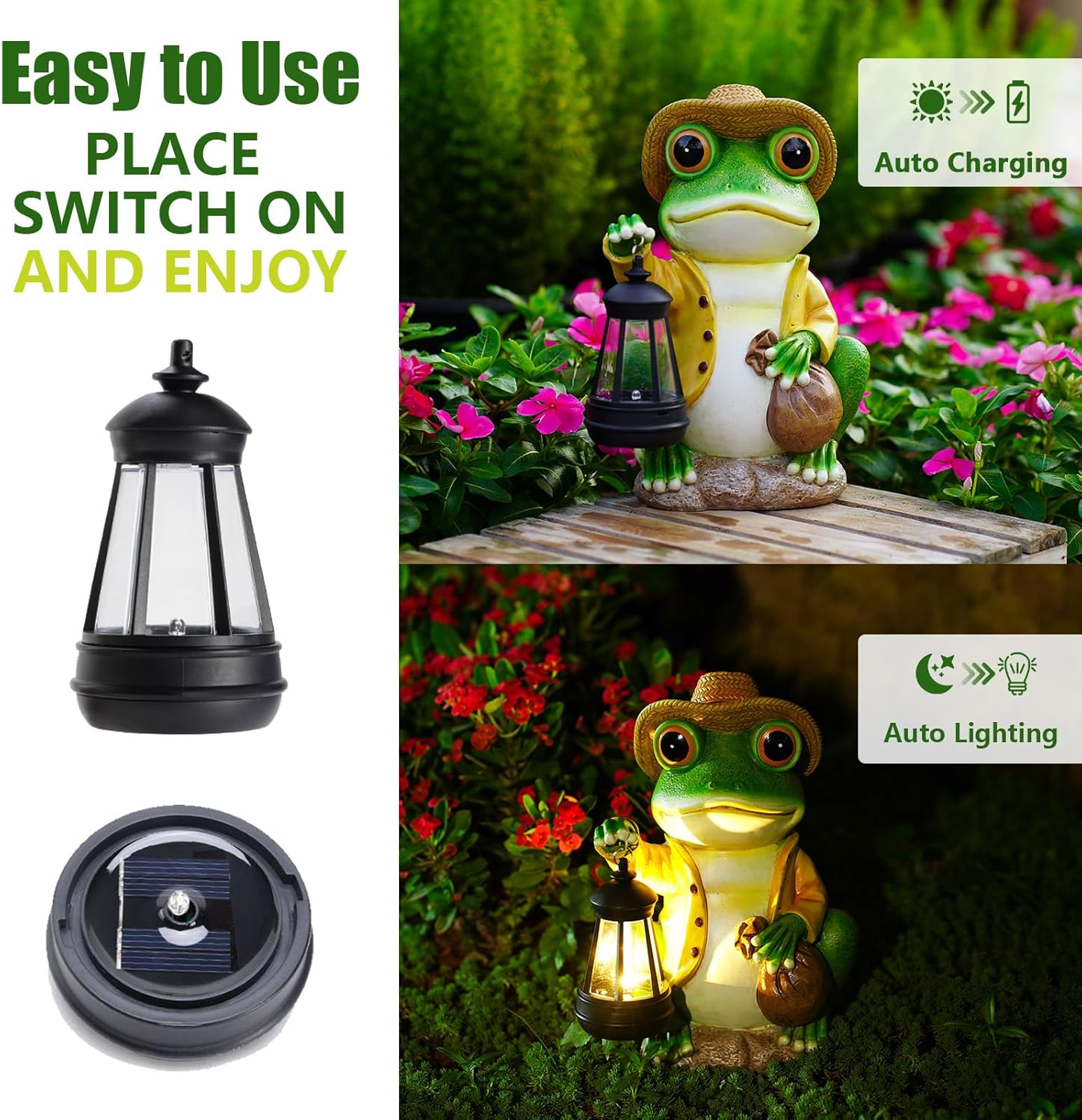 Solar Garden Outdoor Frog Statue 10 inches Tall - with Handheld Lanterns - Detachable - Patio