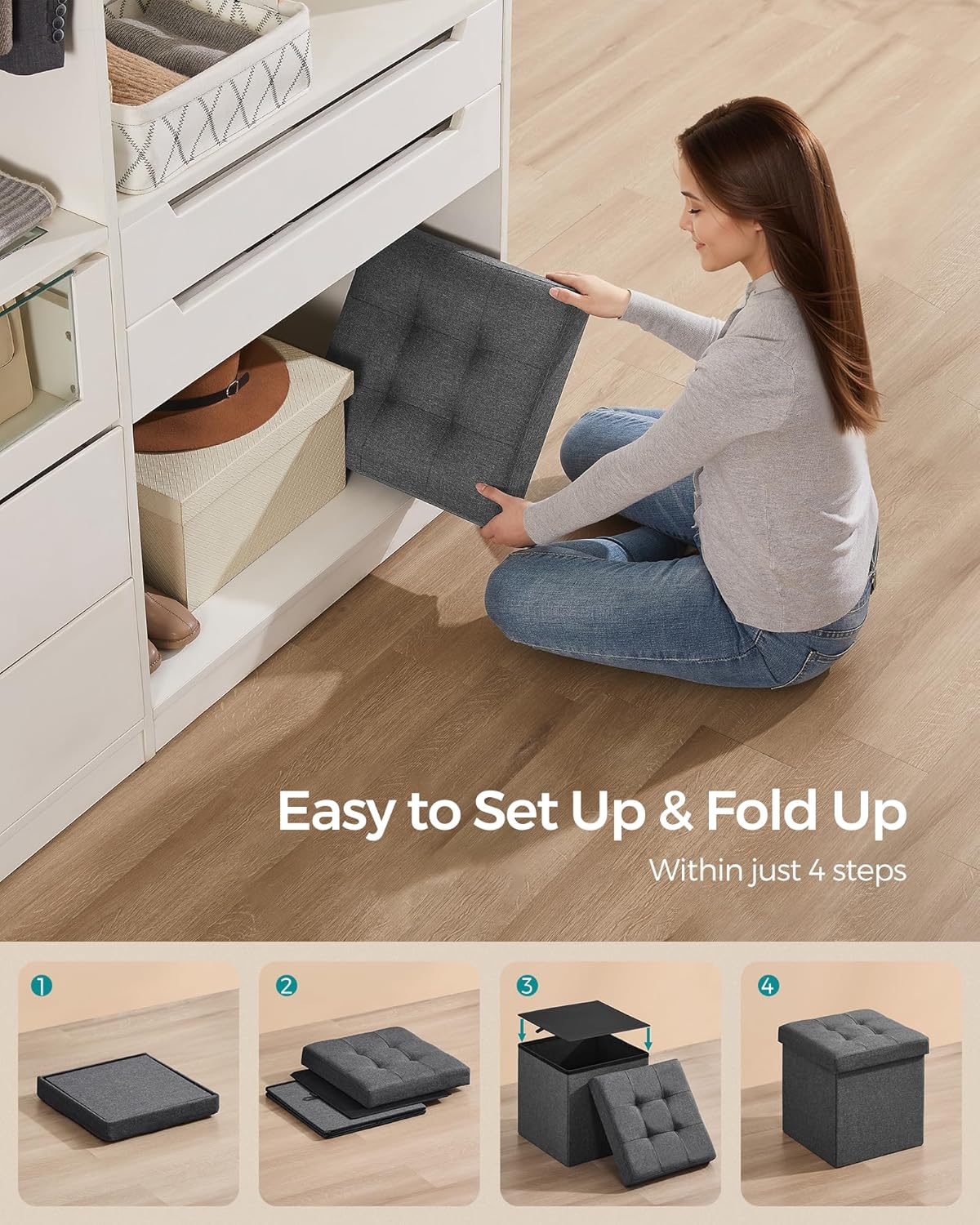 SONGMICS Folding Storage Ottoman Bench，38 x 38 x 38 cm， Ottoman Foot Rest, End of Bed Bench