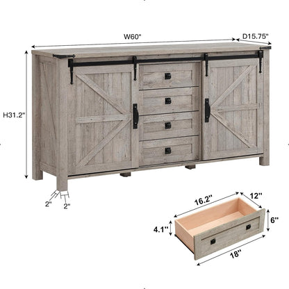T4TREAM 60'' Farmhouse Dresser Chests for Bedroom w/4 Drawers & Sliding Barn Doors, Tall Chest of
