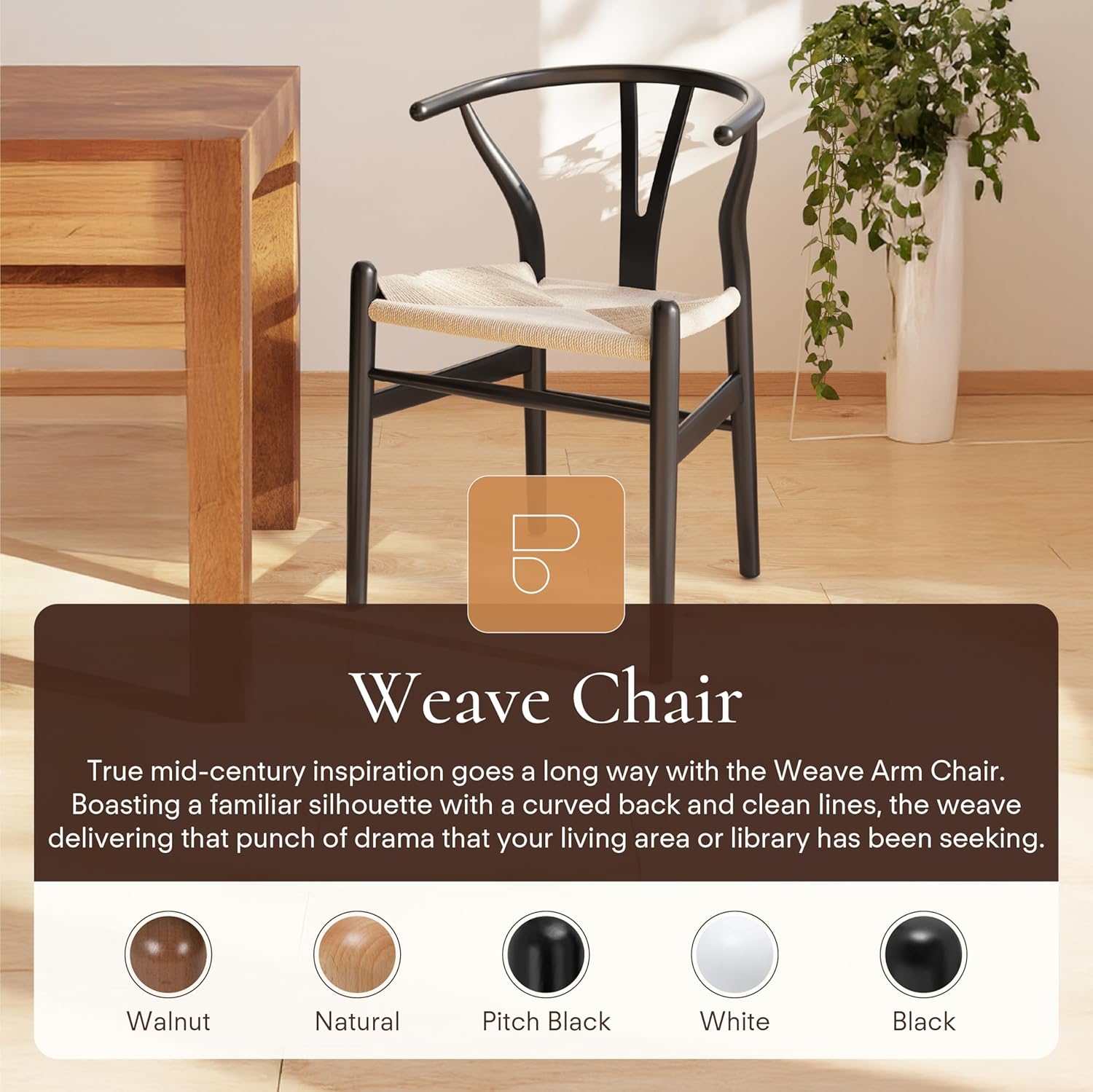 POLY & BARK Weave Dining Chair – Mid-Century Modern Wishbone Dining Chair with Arms, Solid Wood