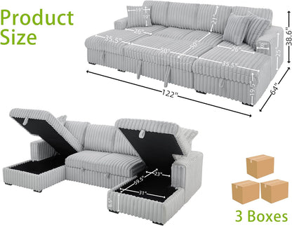 THSUPER Oversized U Shaped Plush Corduroy Fluffy Sectional Sleeper Sofa with Pull Out Bed and