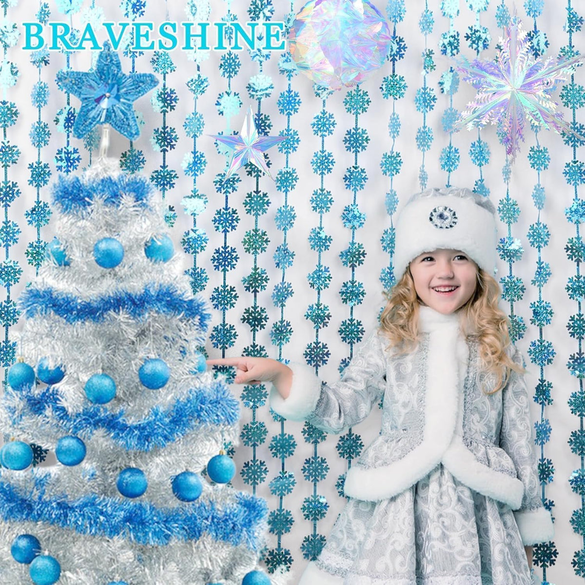 BRAVESHINE Blue Party Snowflake Backdrop - 2 Pack Hanging Foil Fringe Snow Flakes Party Streamers