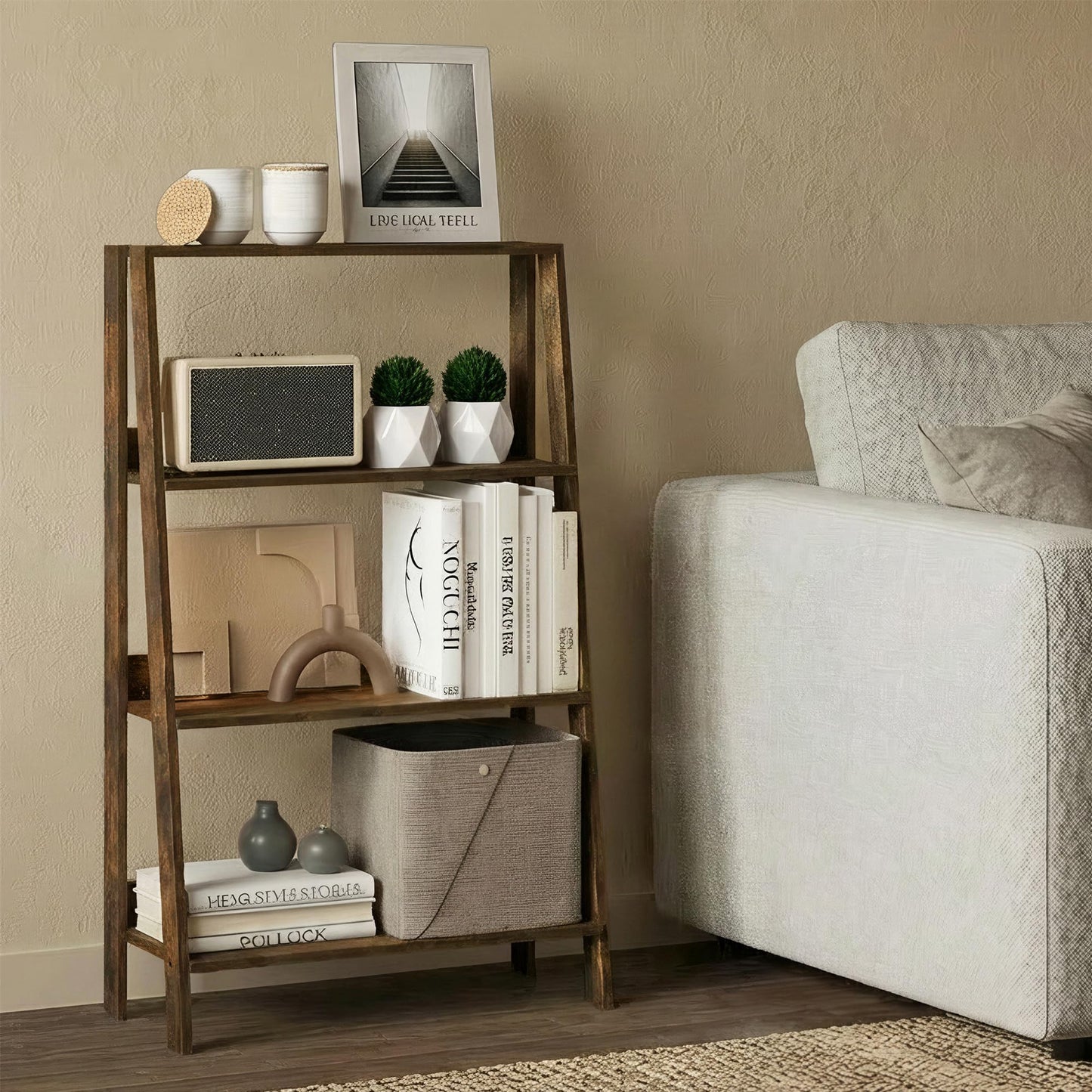 Furinno Ladder 4-Tier Book Shelf, Open Frame Ladder Shelf, Amber Pine