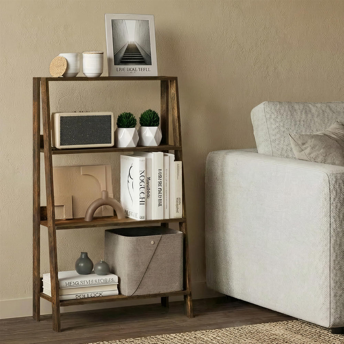 Furinno Ladder 4-Tier Book Shelf, Open Frame Ladder Shelf, Amber Pine