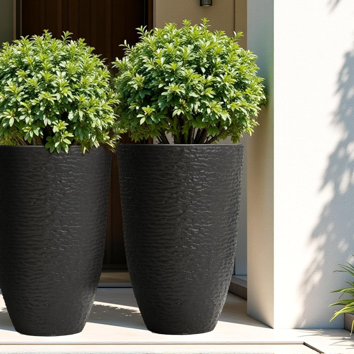 WORTH Garden 21" H Tall Planters 2 Pack - 14'' Dia Resin Large Round Black Flower Pots for Outdoor
