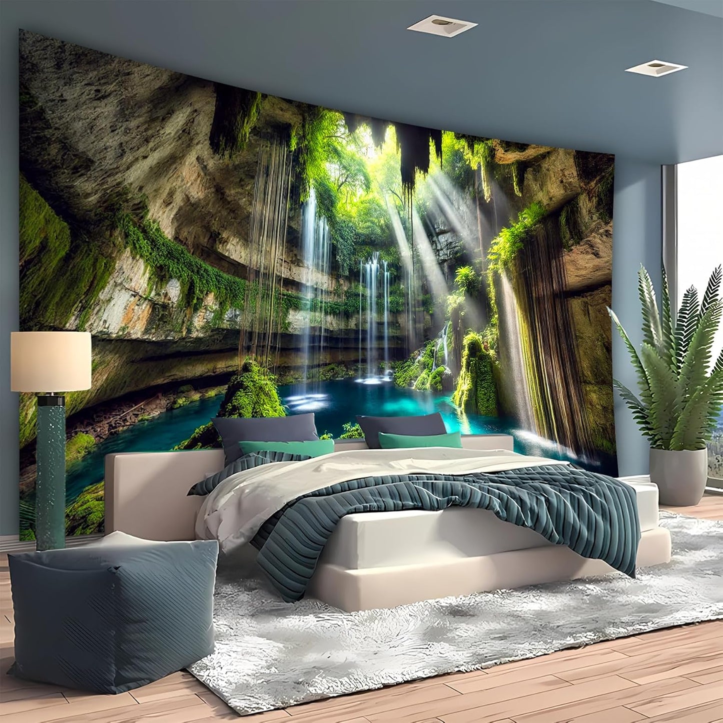 BSFHH Nature Tapestry Forest Tree Sea Cave Wall Hanging, Stream Through Rainforest Landscape Wall