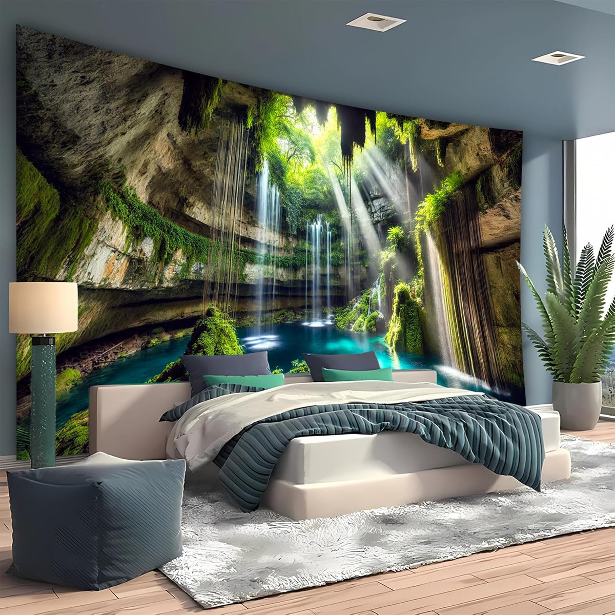 BSFHH Nature Tapestry Forest Tree Sea Cave Wall Hanging, Stream Through Rainforest Landscape Wall