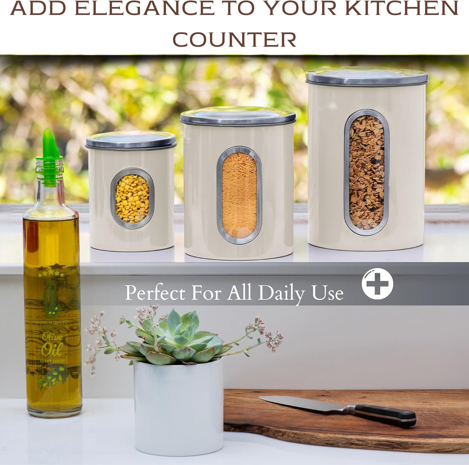 Moss & Stone 3-Piece Beige Canisters Sets For The Kitchen, Airtight Canister Set With See Through