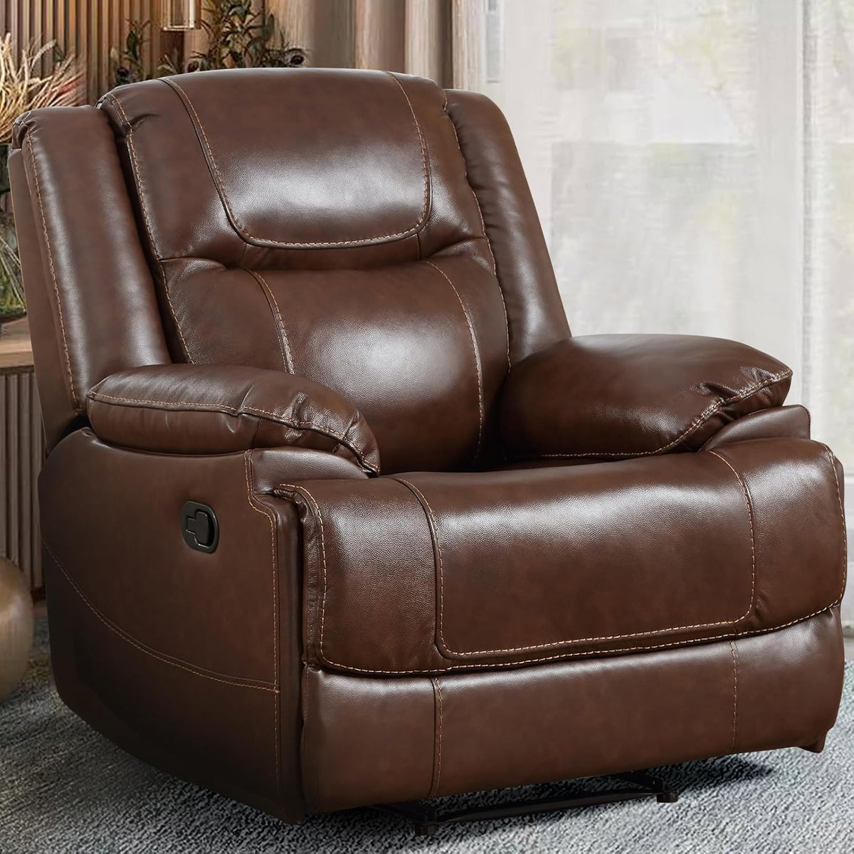 EBELLO Genuine Leather Manual Recliner Chair, Reclining Sofa Chair Couch for Living Room, Bedroom