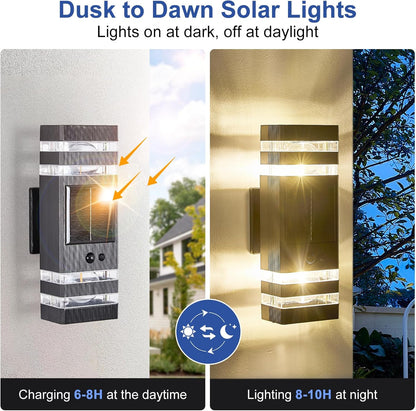 2 Pack Solar Outdoor Wall Lights with 3-Mode Motion Sensor Outside Sconces Up Down Solar Porch
