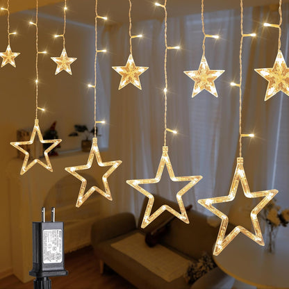 126L Warm White Star Icicle Lights, 8.2FT Clear Curtain Fairy String with Connectable, Timer 8
