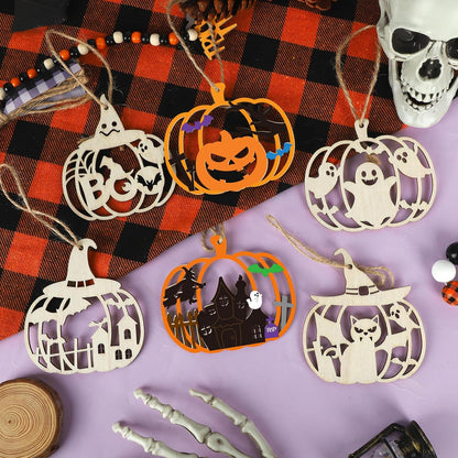 24 PCS Unfinished Wooden Halloween Crafts,Pumpkin Shaped Hanging Ornaments DIY Wood Craft Cutouts