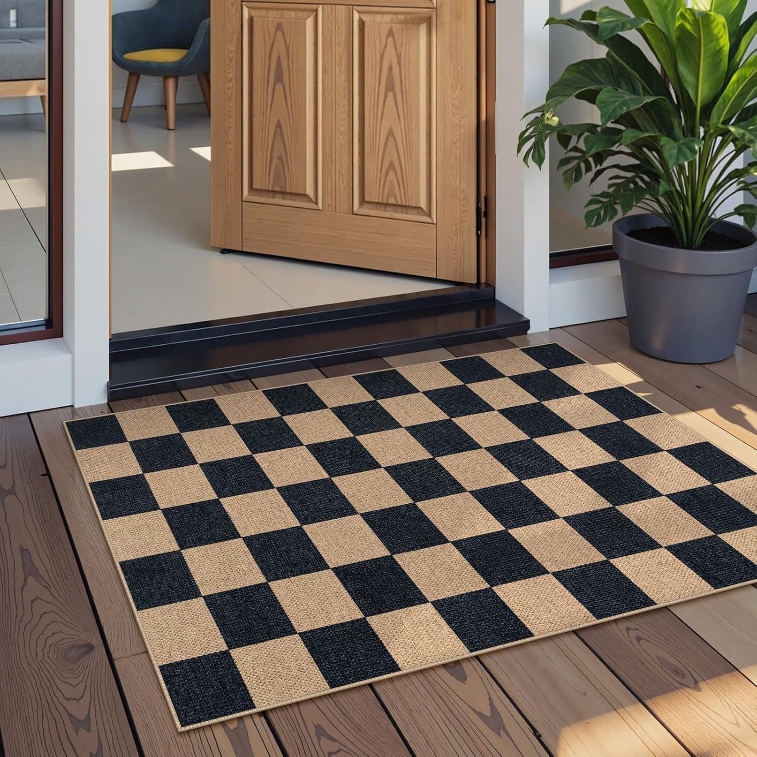 Lahome Checkered Easy Jute 2x3 Rug, Small Entryway Rug Non Slip Kitchen Front Door Mat, Farmhouse