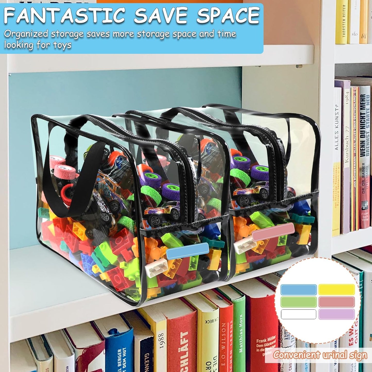 6 Packs Widen X-Large Toy Storage Bags 12.6×9.25×6.9In with Labels, Reusable Clear PVC Board Game