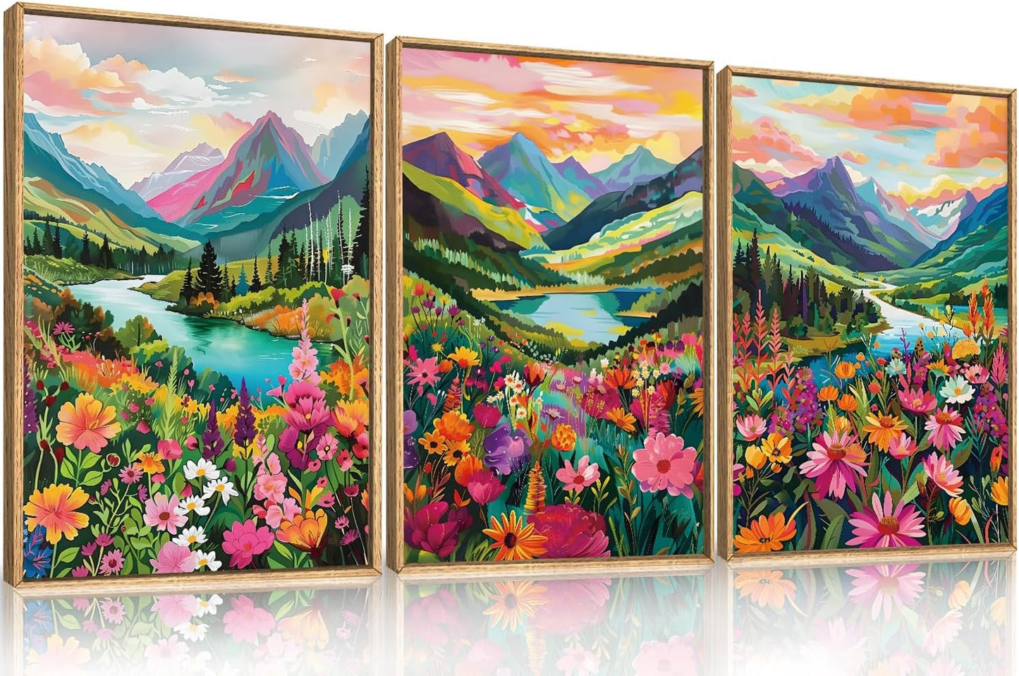 Wildflower Blossom Framed Canvas Wall Art Set, Colorful Flowers Painting, Abstract Landscape Wall
