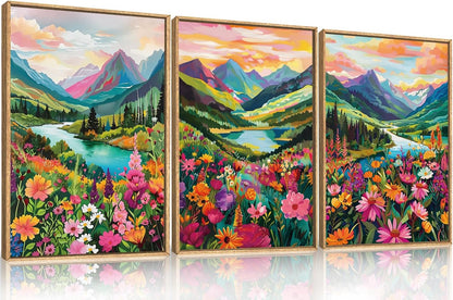 Wildflower Blossom Framed Canvas Wall Art Set, Colorful Flowers Painting, Abstract Landscape Wall